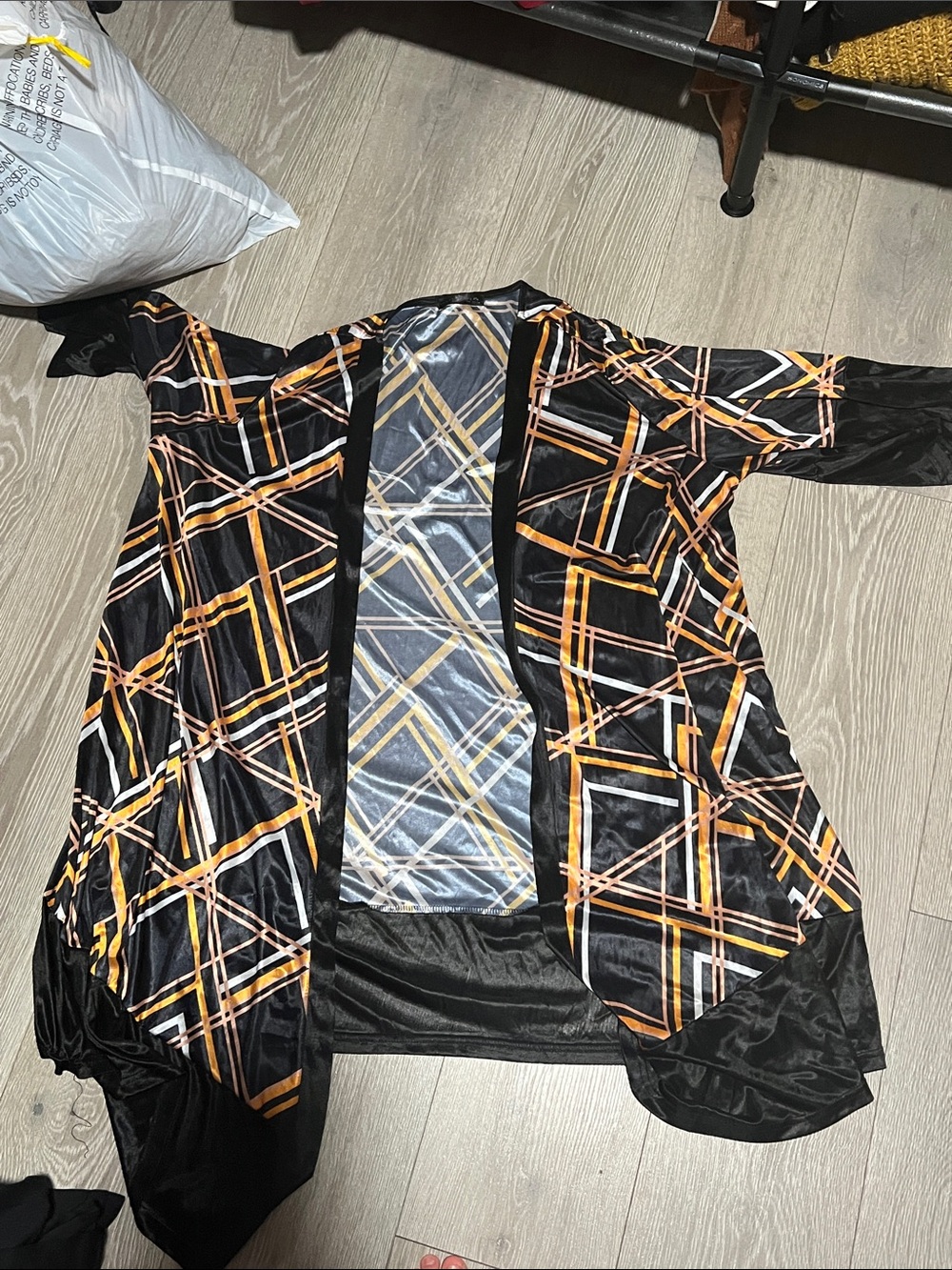 SHEIN Black Geometric Plaid Open Cardigan with Orange and White Stripes